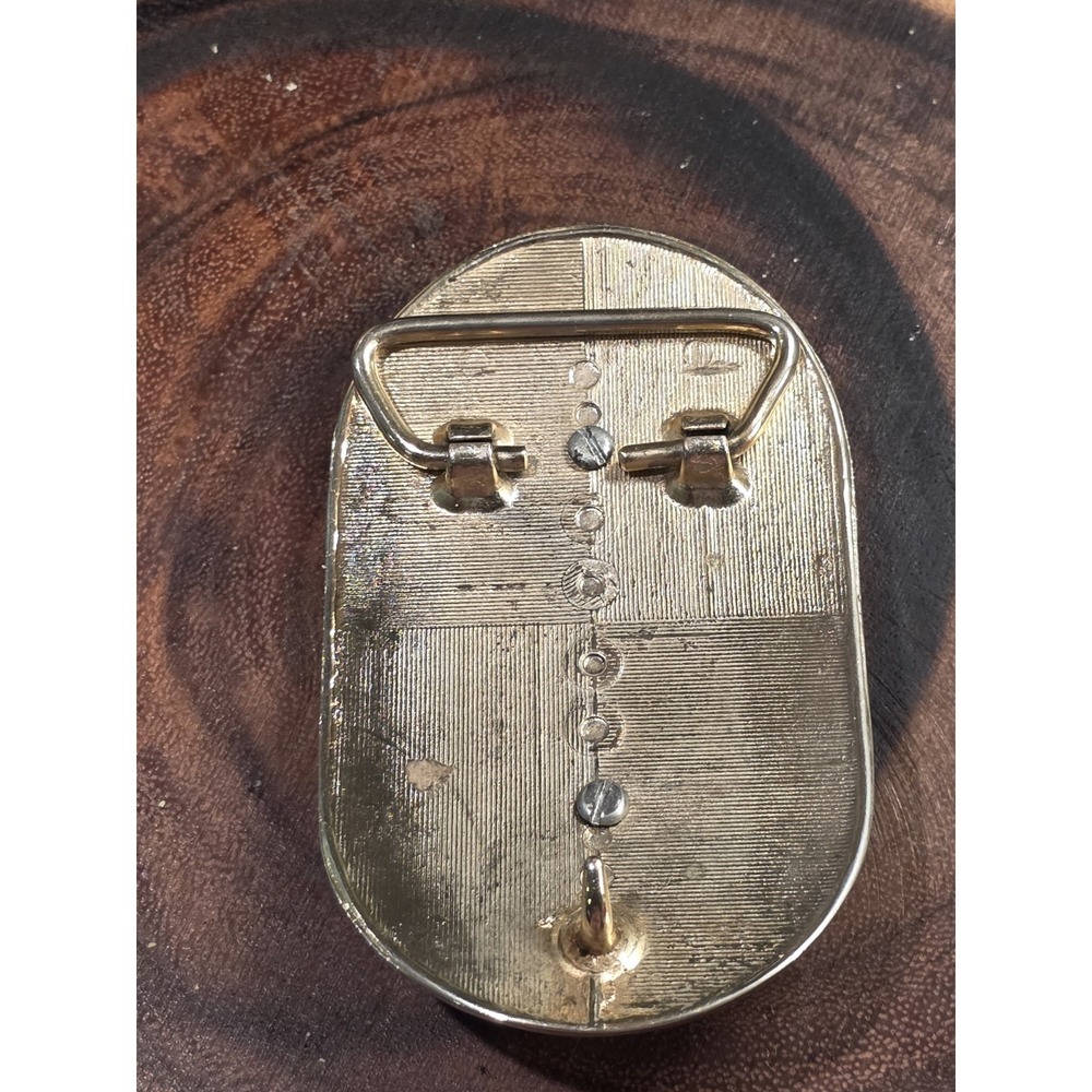 Gold Tone Belt Buckle w Horizontal Oval Wood Ornament Western Style - Picture 4 of 9